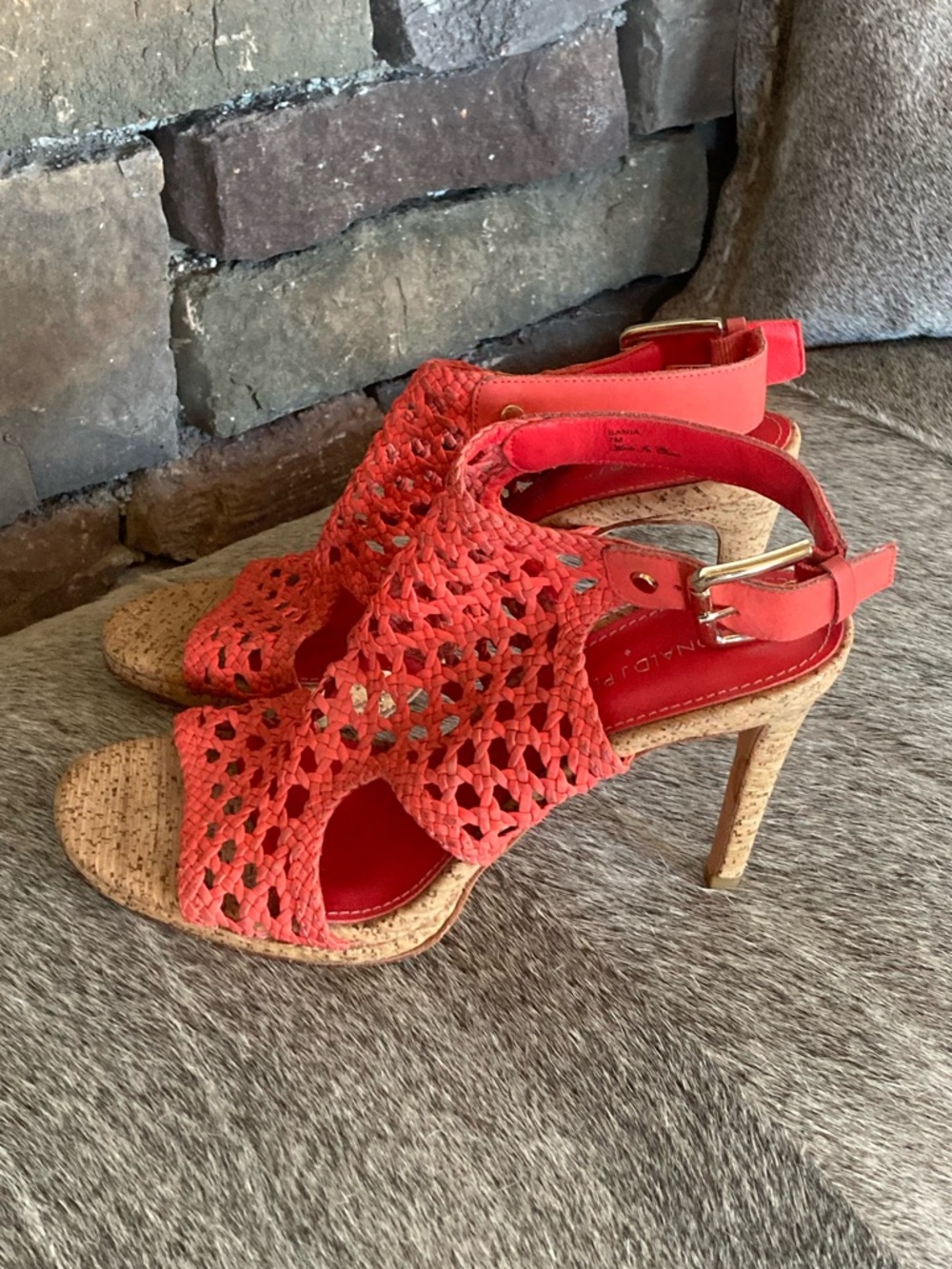 Y2K Donald J Pliner Coastal Woven Heeled Sandal Red Orange